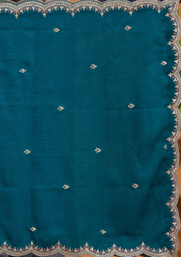 Teal Green Zariwork (Gold) Soft Raw Silk Readymade Salwar Suit