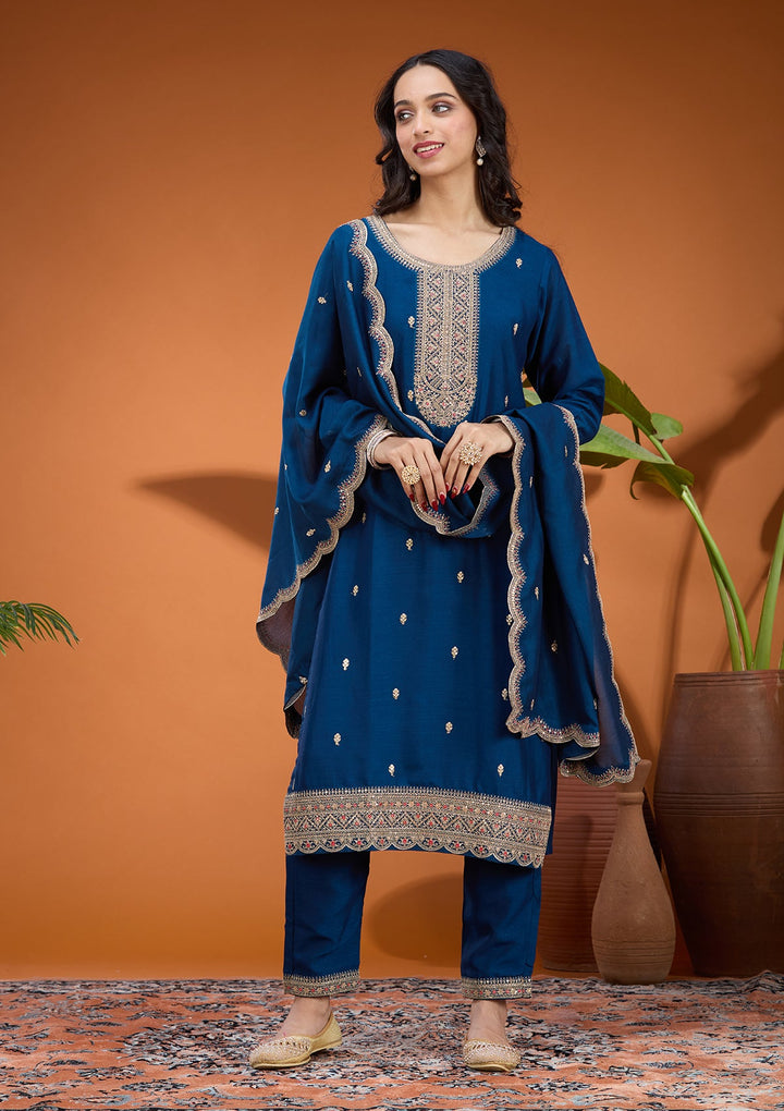 Peacock Blue Pearlwork Georgette Readymade Salwar Suit