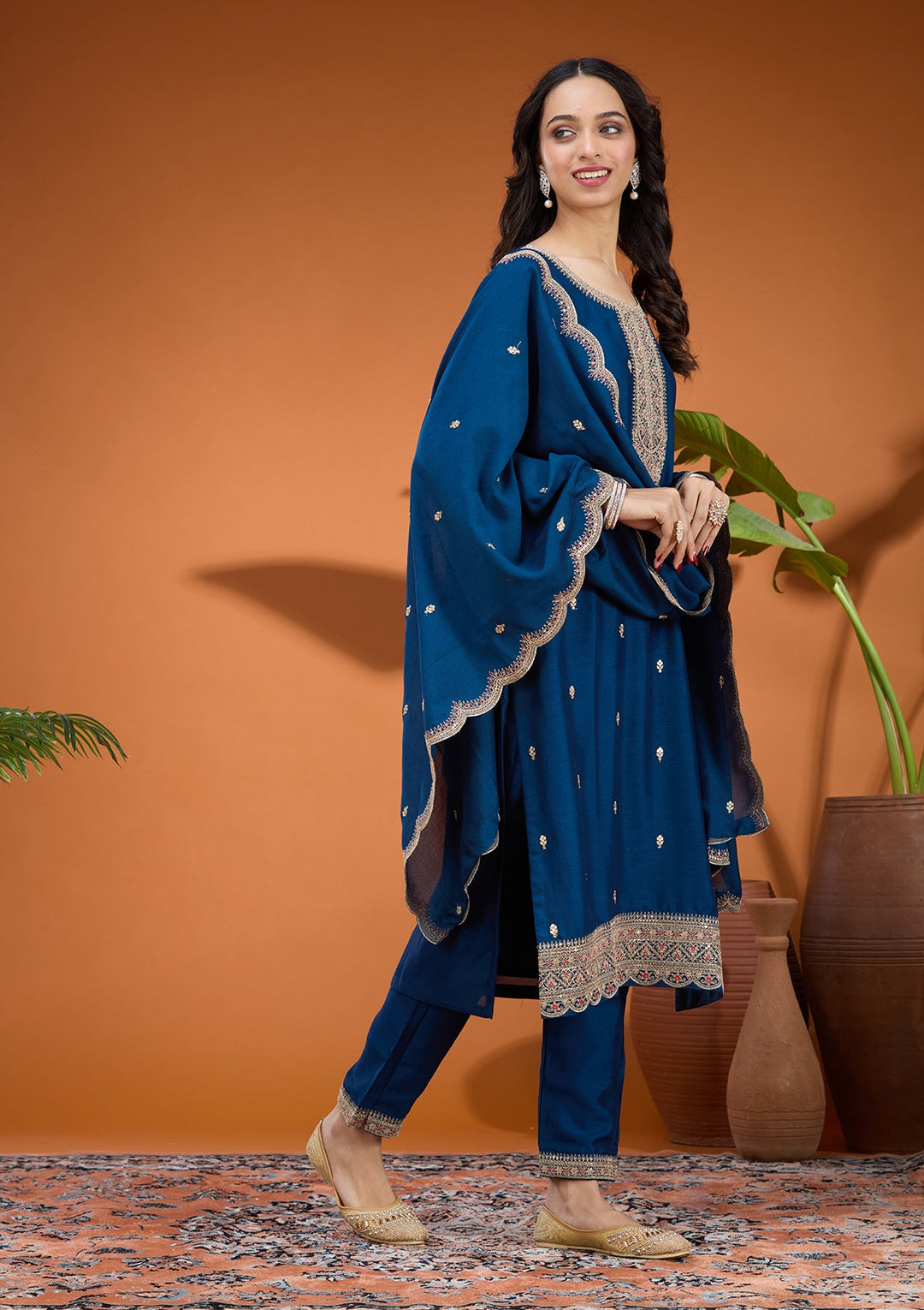 Peacock Blue Pearlwork Georgette Readymade Salwar Suit