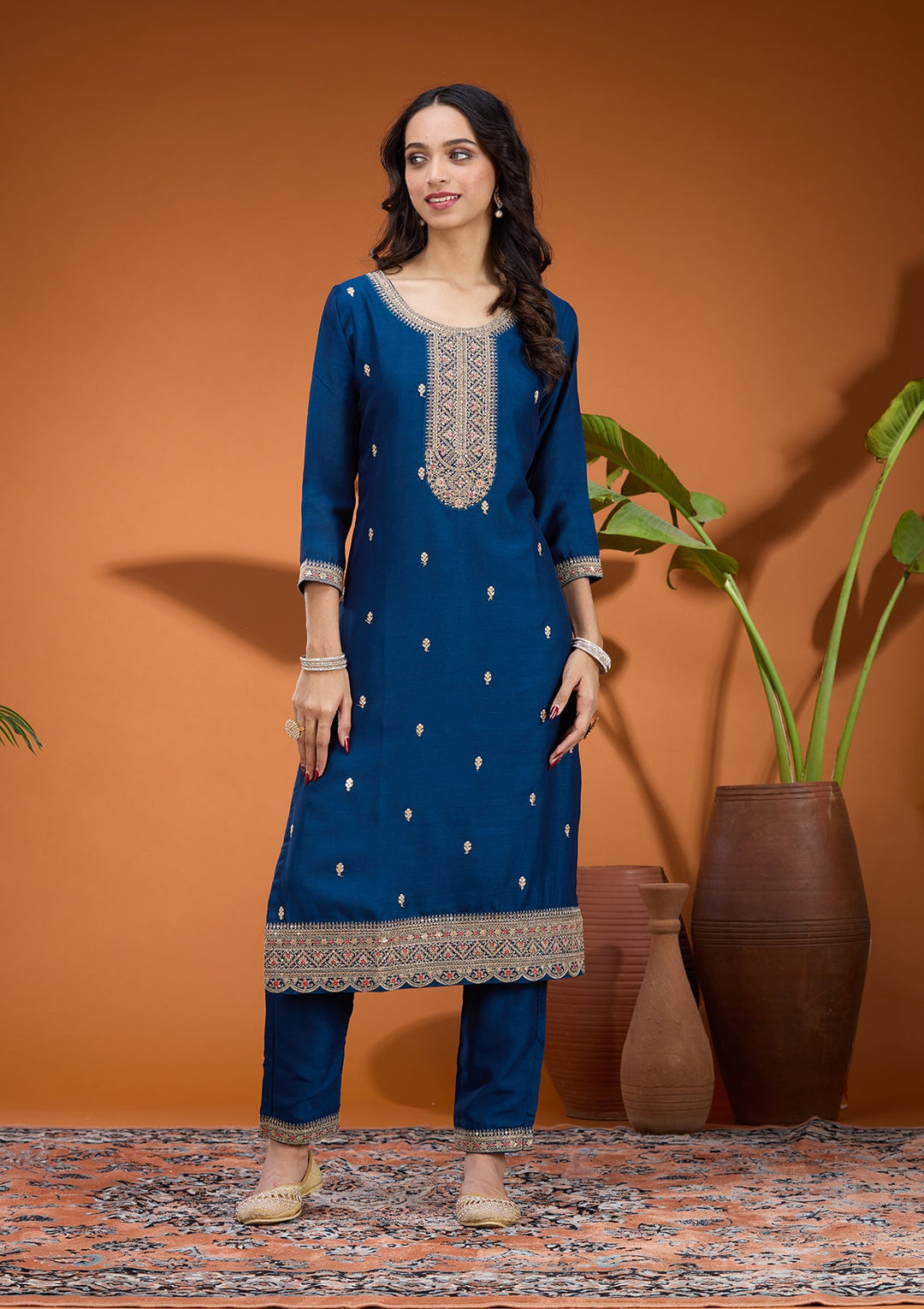 Peacock Blue Pearlwork Georgette Readymade Salwar Suit
