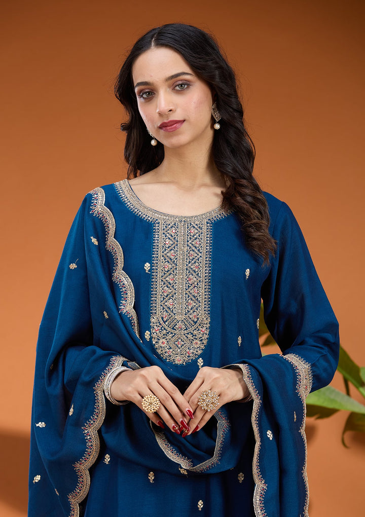 Peacock Blue Pearlwork Georgette Readymade Salwar Suit