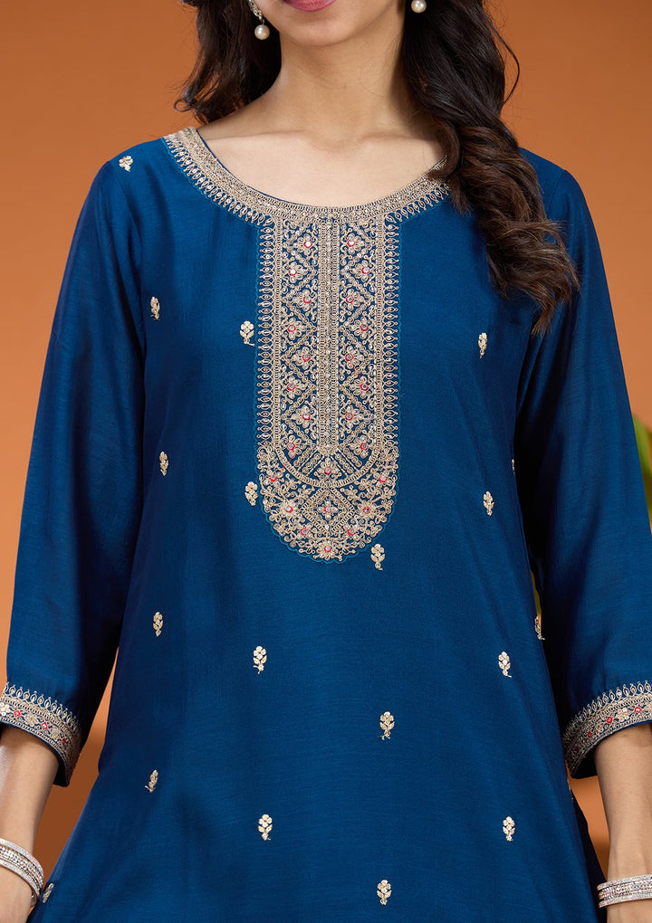 Peacock Blue Pearlwork Georgette Readymade Salwar Suit