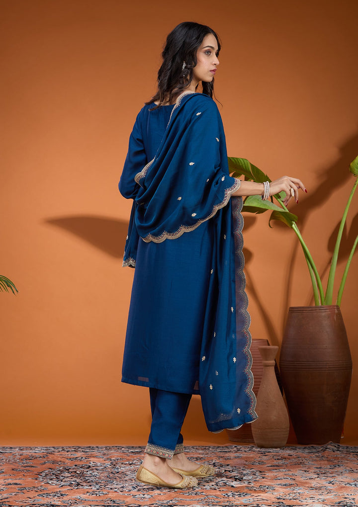 Peacock Blue Pearlwork Georgette Readymade Salwar Suit