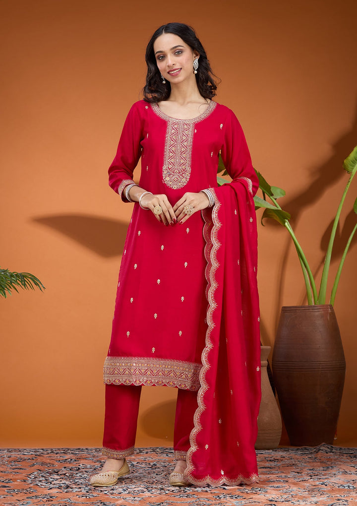 Rani Pink Zariwork (Gold) Soft Raw Silk Readymade Salwar Suit
