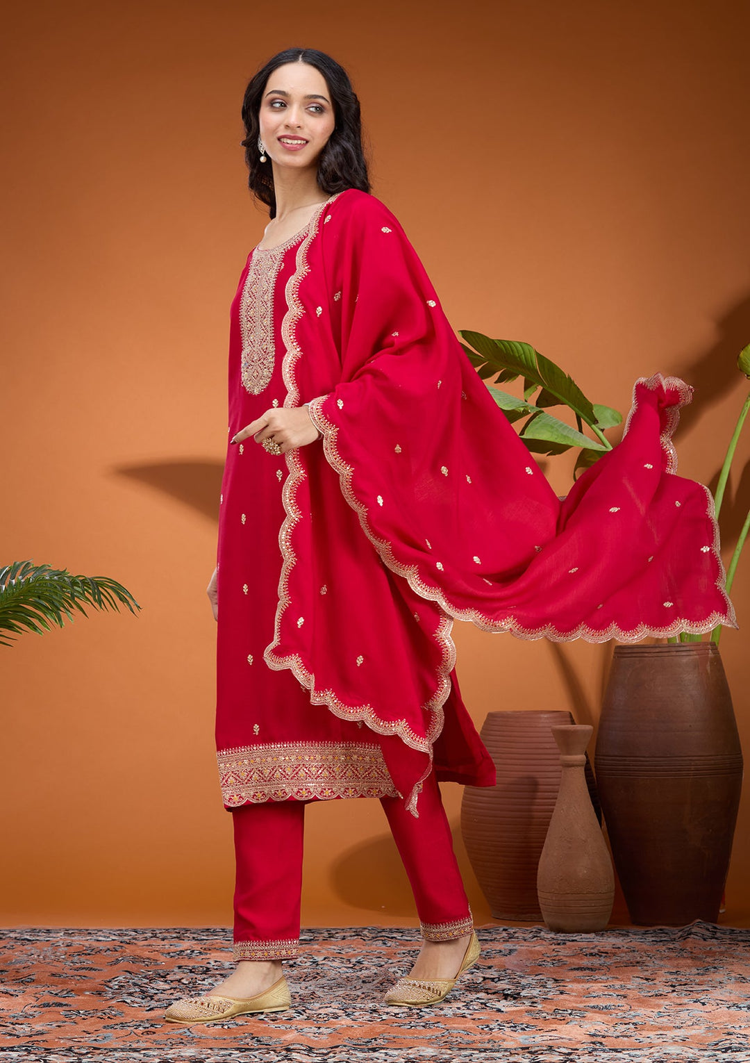 Rani Pink Zariwork (Gold) Soft Raw Silk Readymade Salwar Suit