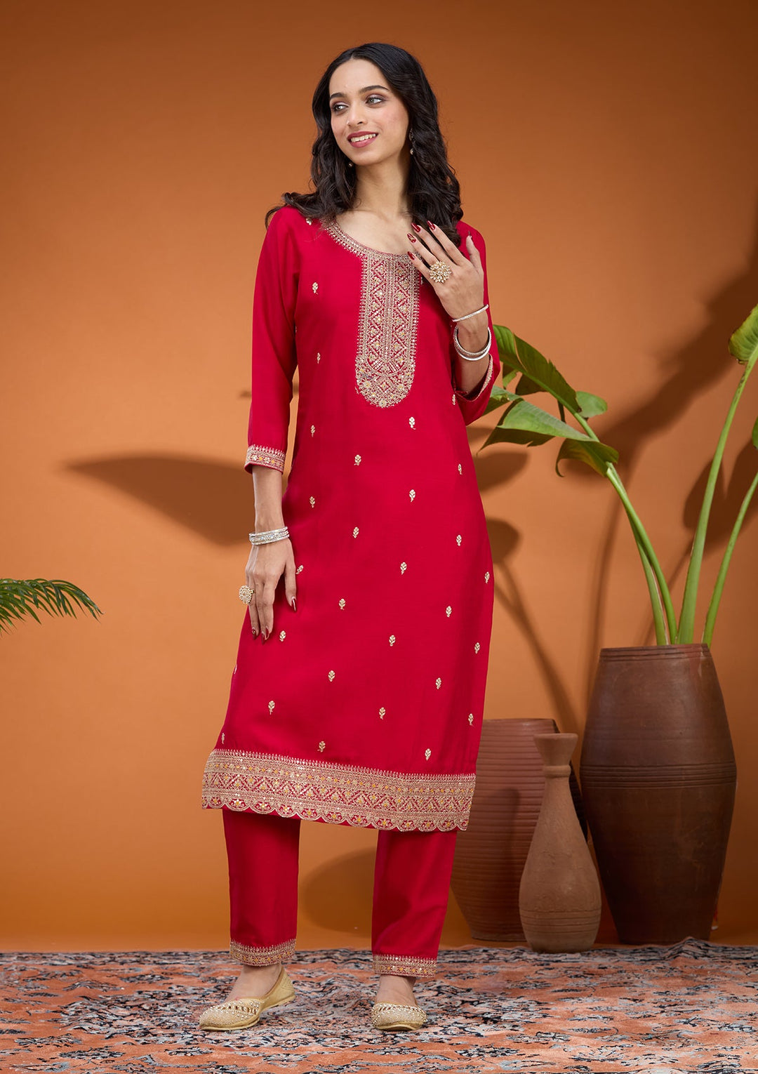 Rani Pink Zariwork (Gold) Soft Raw Silk Readymade Salwar Suit