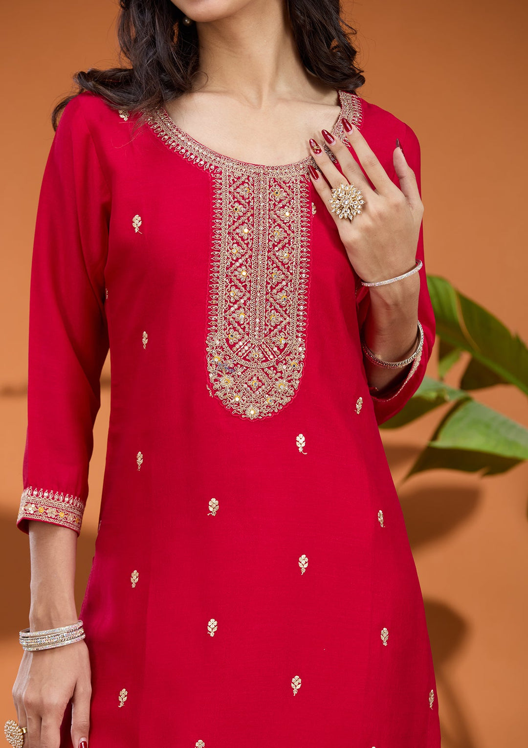 Rani Pink Zariwork (Gold) Soft Raw Silk Readymade Salwar Suit