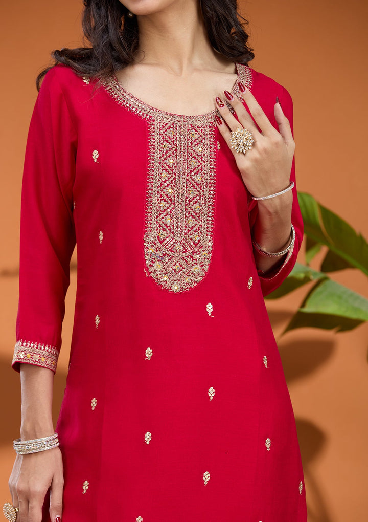 Rani Pink Zariwork (Gold) Soft Raw Silk Readymade Salwar Suit