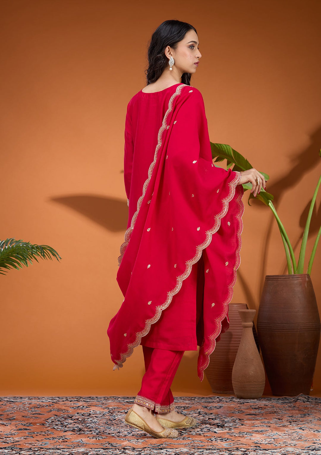 Rani Pink Zariwork (Gold) Soft Raw Silk Readymade Salwar Suit