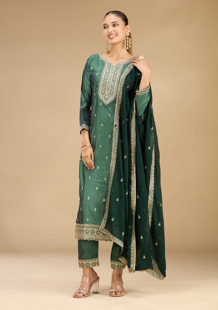 Leaf Green Zariwork (Gold) Soft Raw Silk Readymade Salwar Suit