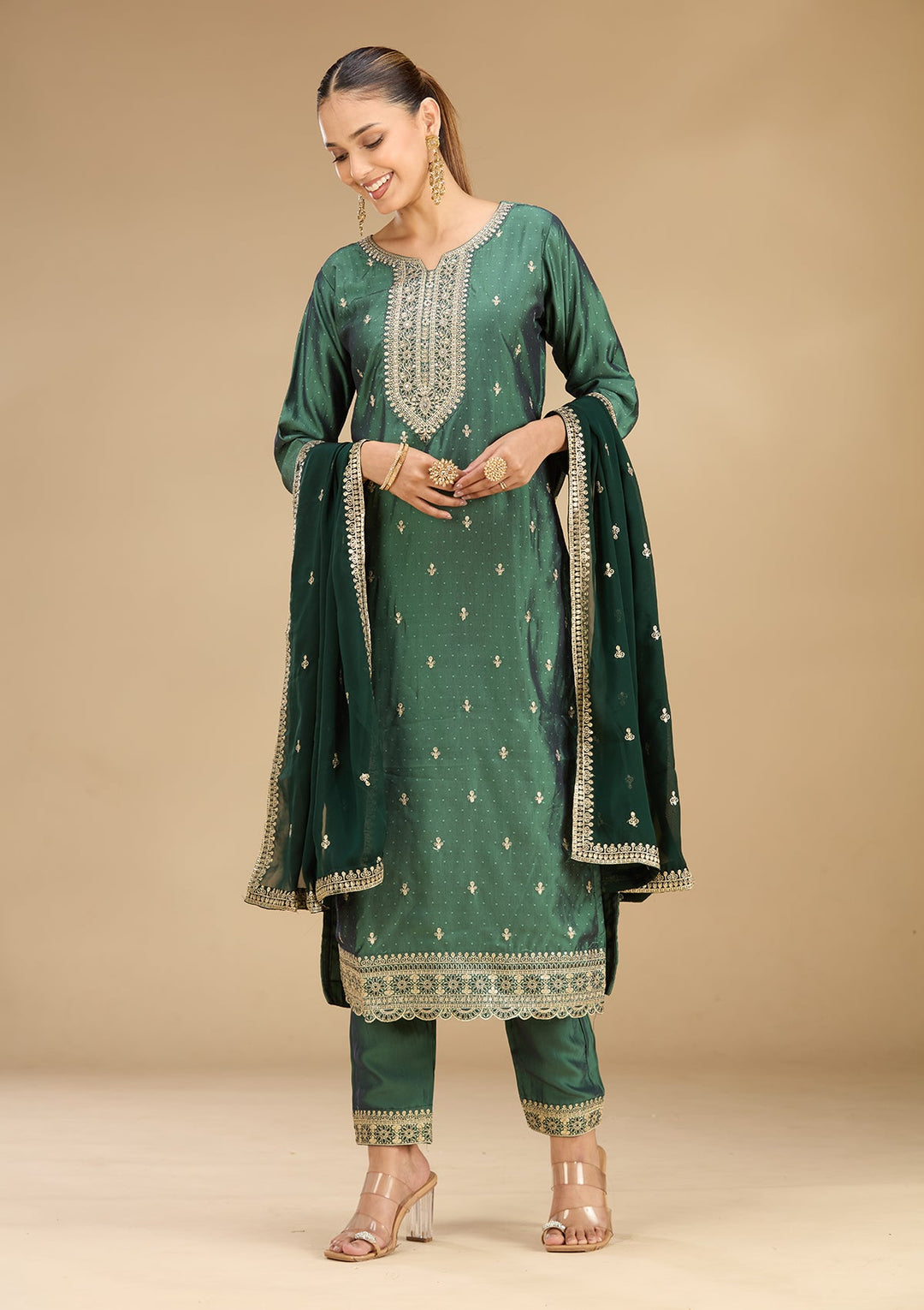 Leaf Green Zariwork (Gold) Soft Raw Silk Readymade Salwar Suit