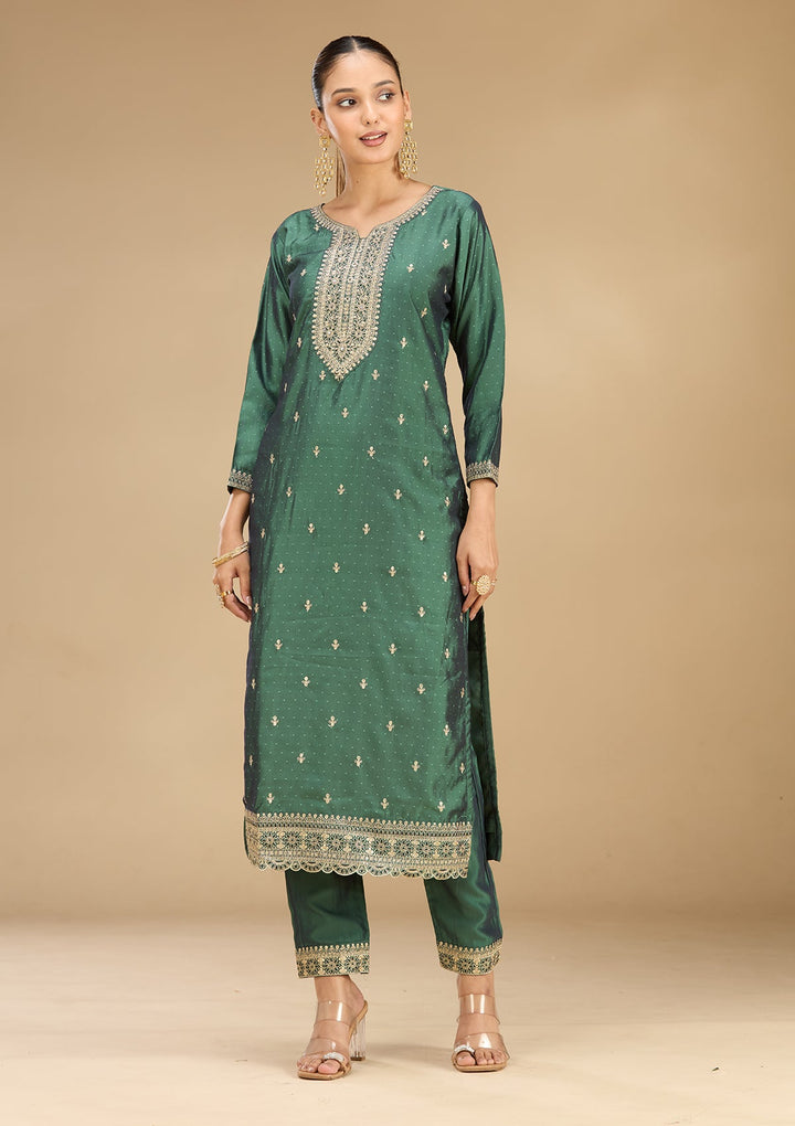 Leaf Green Zariwork (Gold) Soft Raw Silk Readymade Salwar Suit
