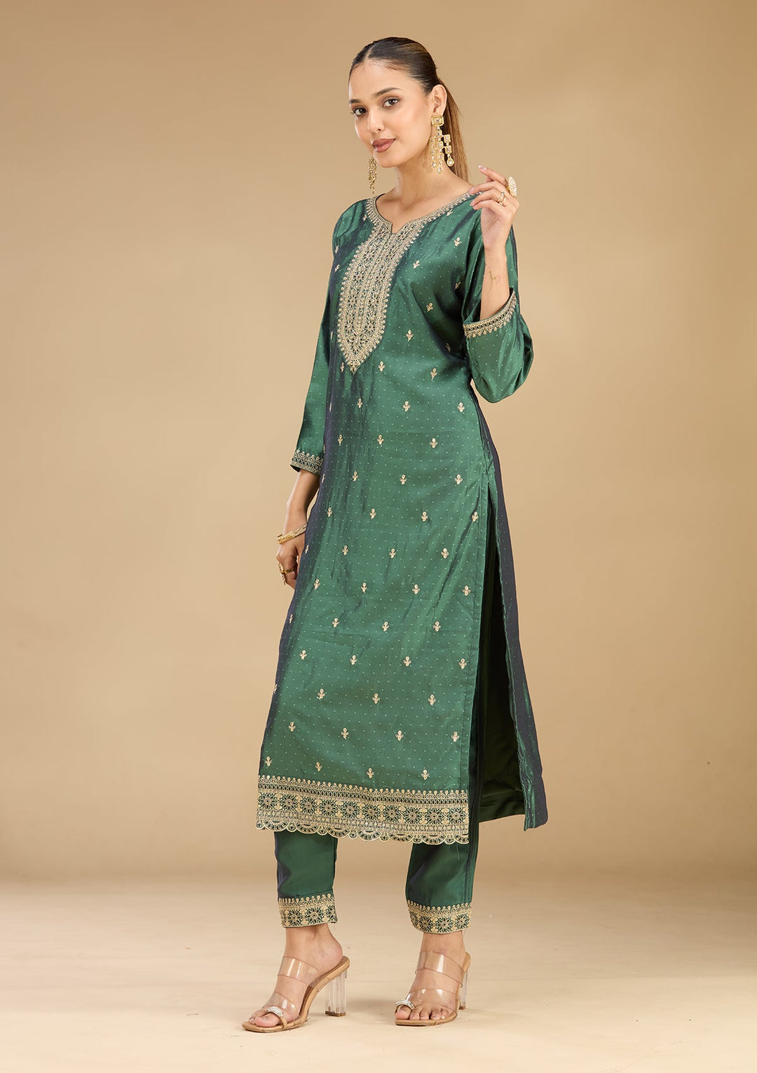 Leaf Green Zariwork (Gold) Soft Raw Silk Readymade Salwar Suit