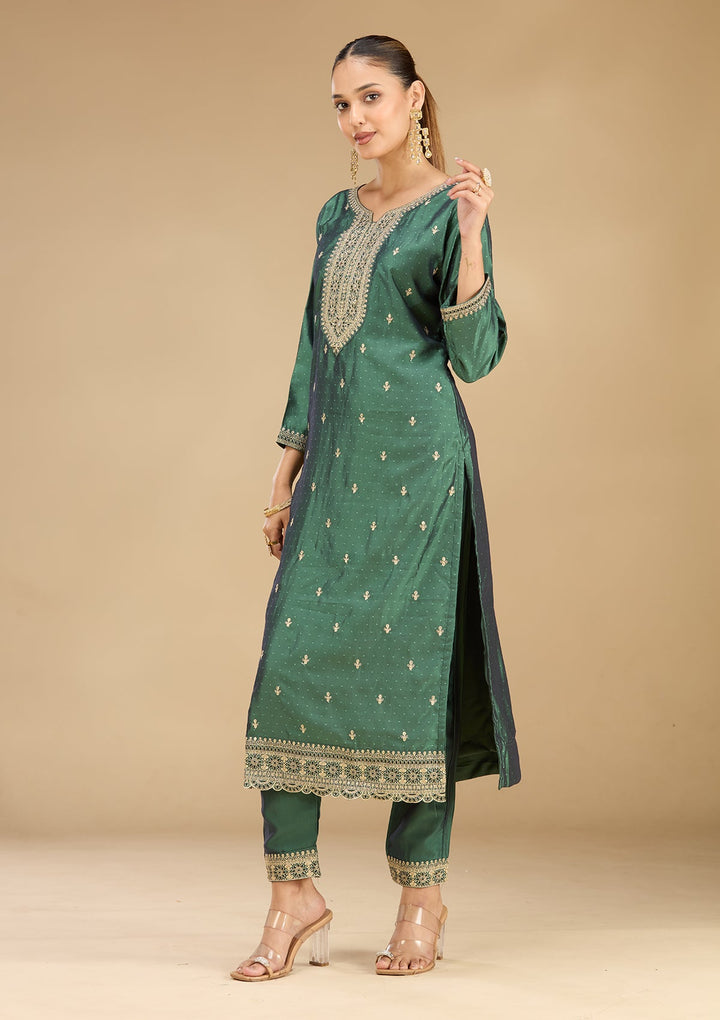Leaf Green Zariwork (Gold) Soft Raw Silk Readymade Salwar Suit