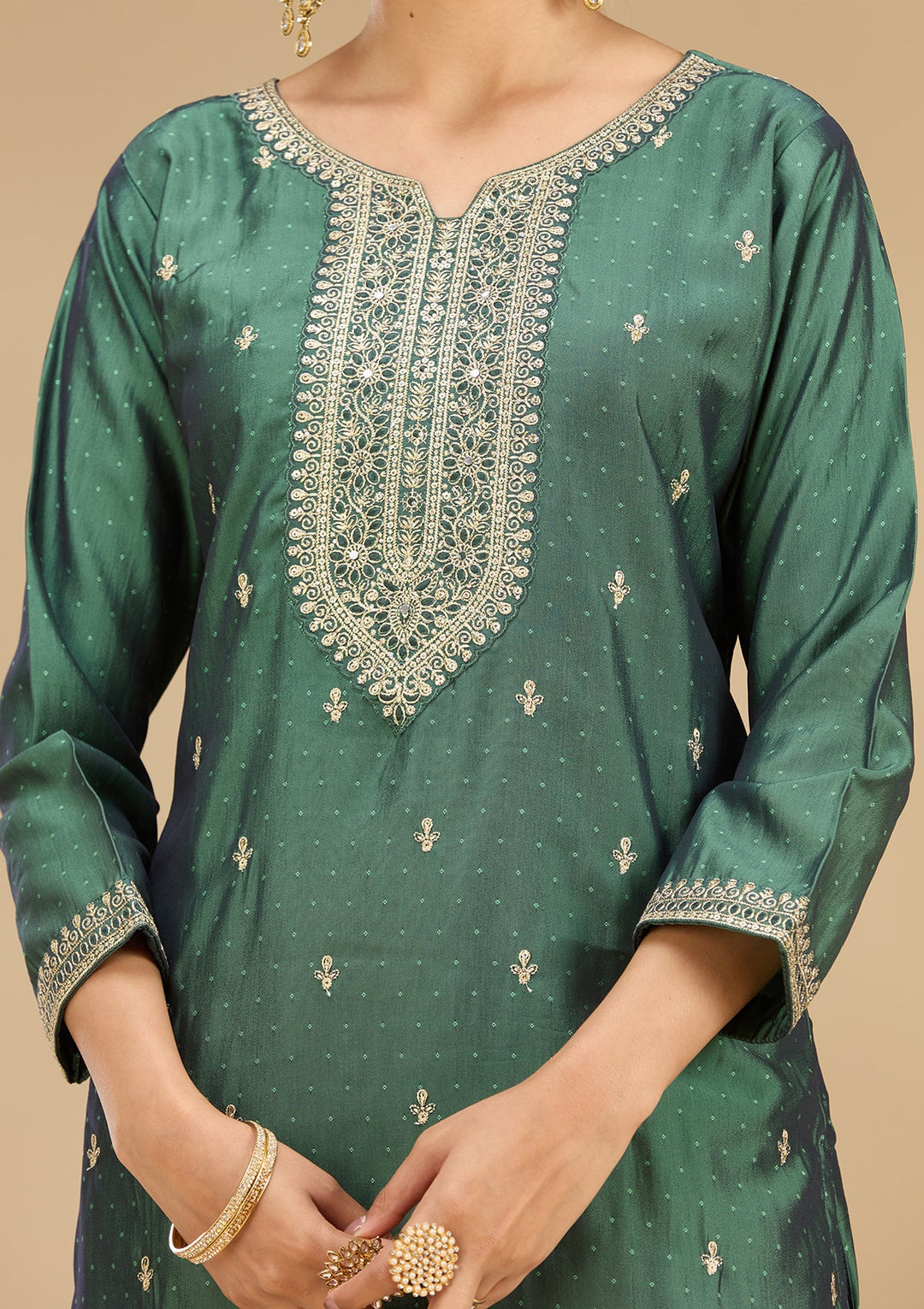 Leaf Green Zariwork (Gold) Soft Raw Silk Readymade Salwar Suit