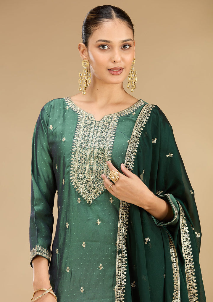 Leaf Green Zariwork (Gold) Soft Raw Silk Readymade Salwar Suit