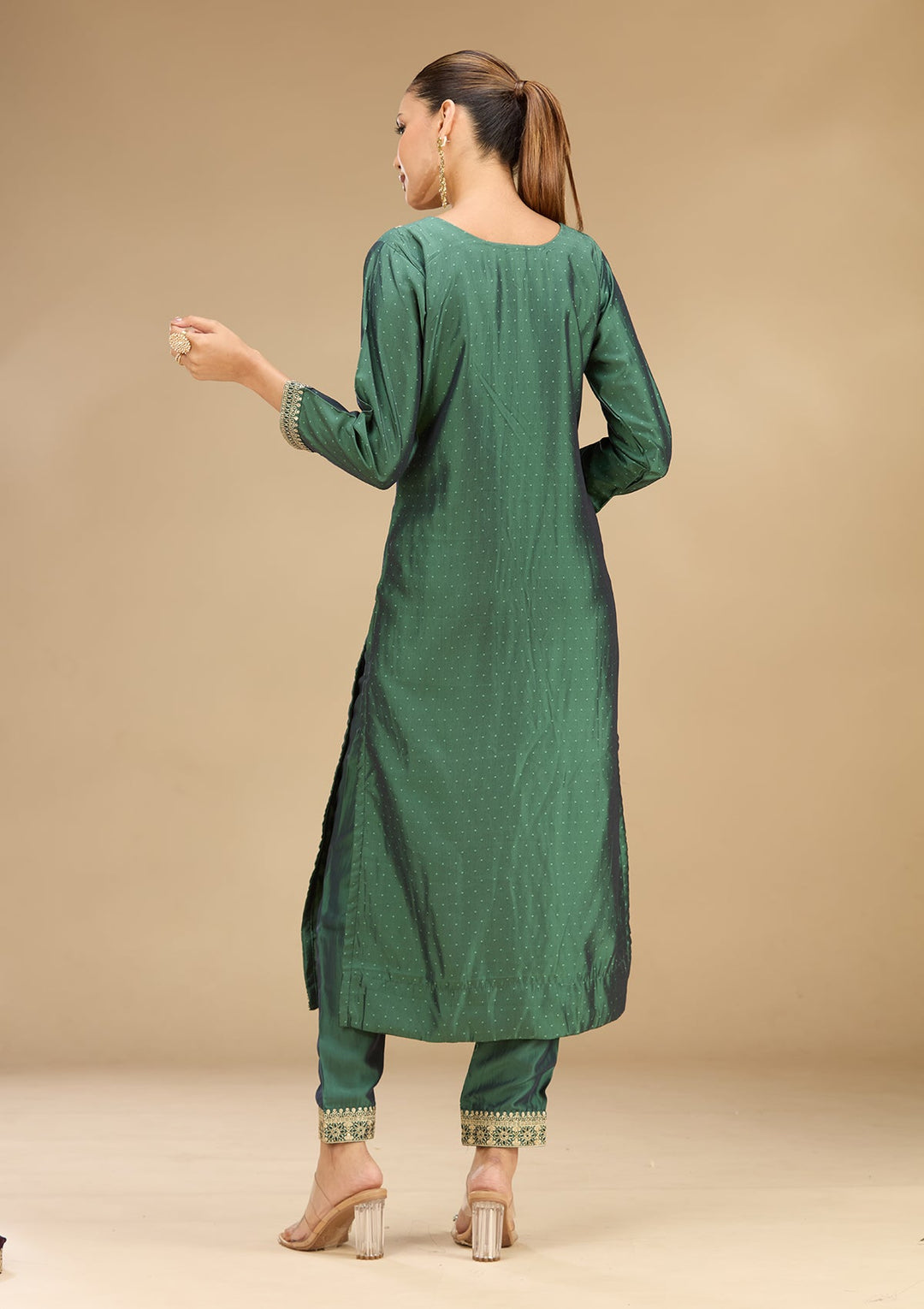 Leaf Green Zariwork (Gold) Soft Raw Silk Readymade Salwar Suit