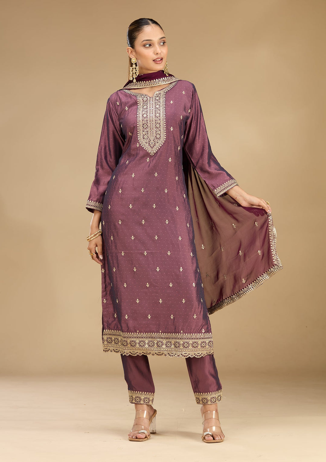 Purple Zariwork (Gold) Soft Raw Silk Readymade Salwar Suit