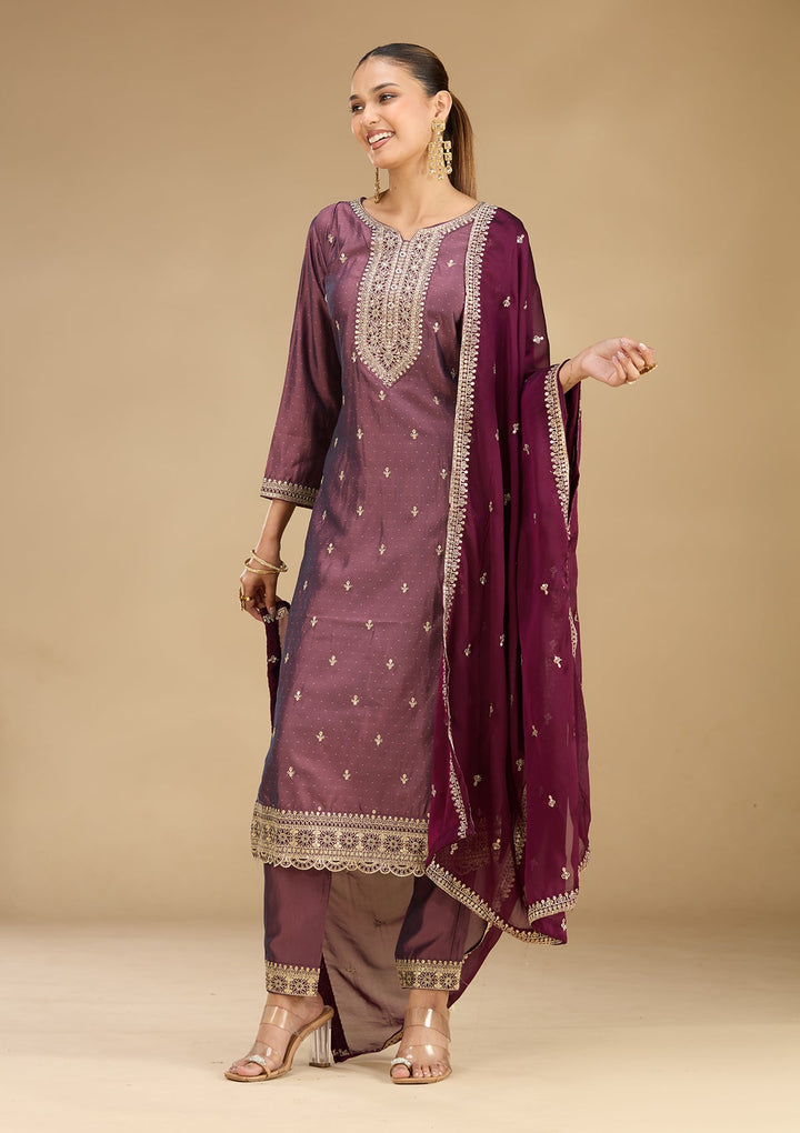 Purple Zariwork (Gold) Soft Raw Silk Readymade Salwar Suit
