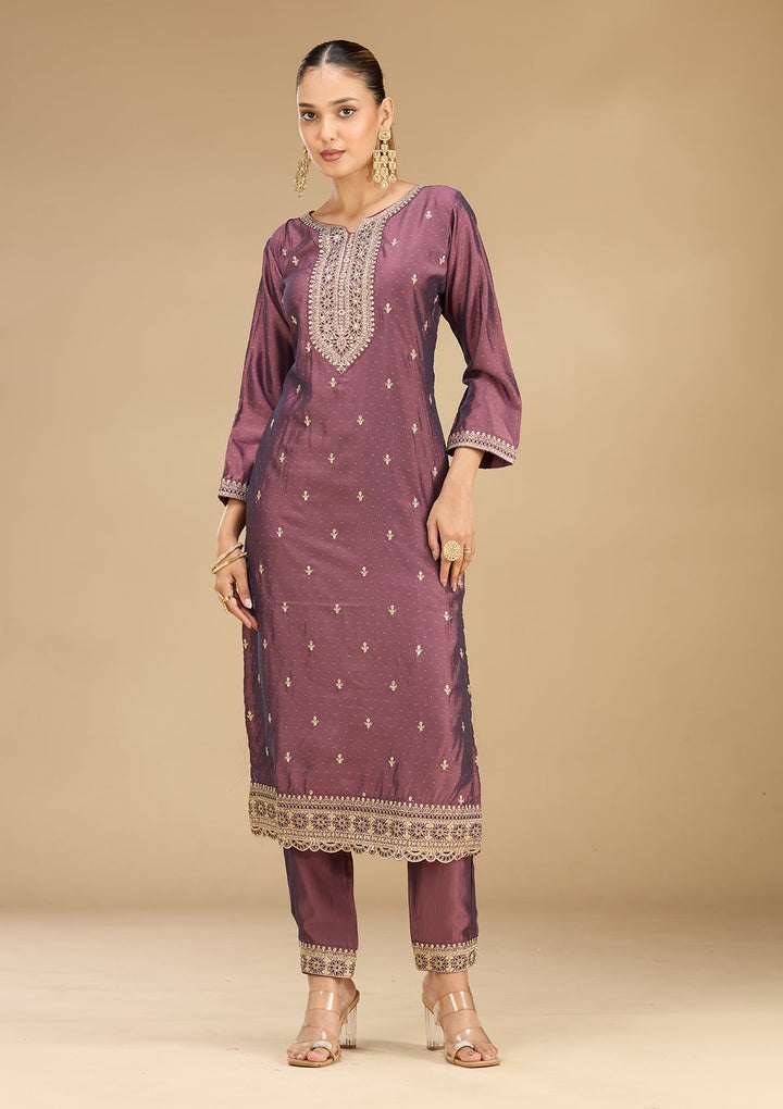 Purple Zariwork (Gold) Soft Raw Silk Readymade Salwar Suit