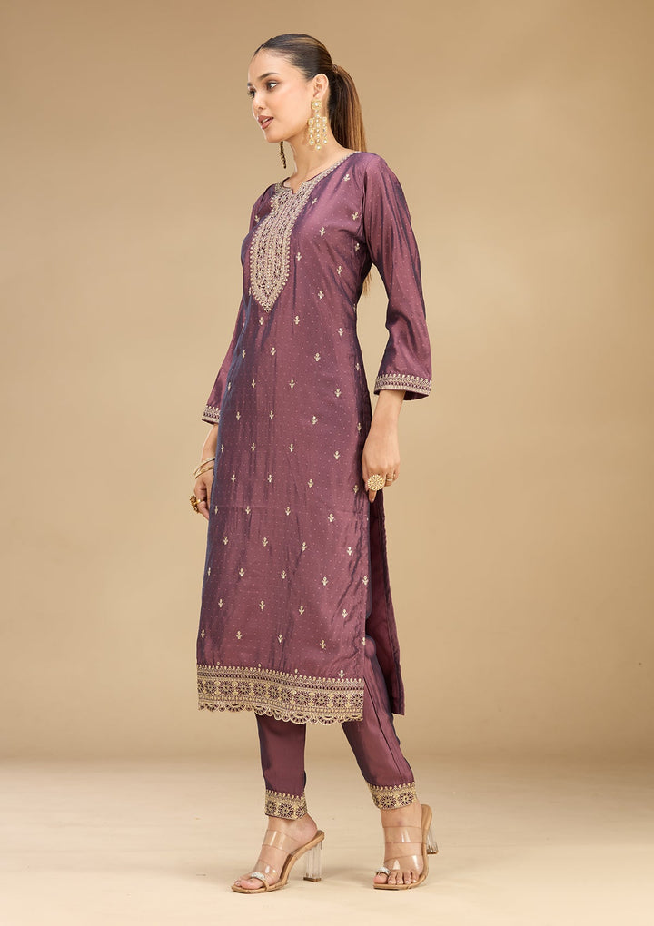 Purple Zariwork (Gold) Soft Raw Silk Readymade Salwar Suit