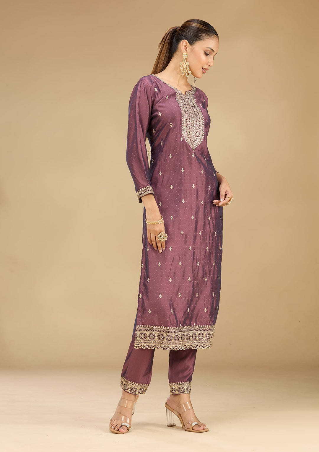 Purple Zariwork (Gold) Soft Raw Silk Readymade Salwar Suit