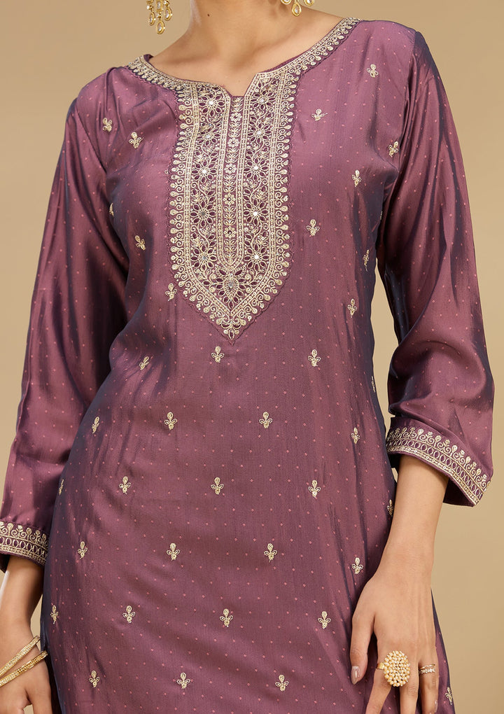 Purple Zariwork (Gold) Soft Raw Silk Readymade Salwar Suit