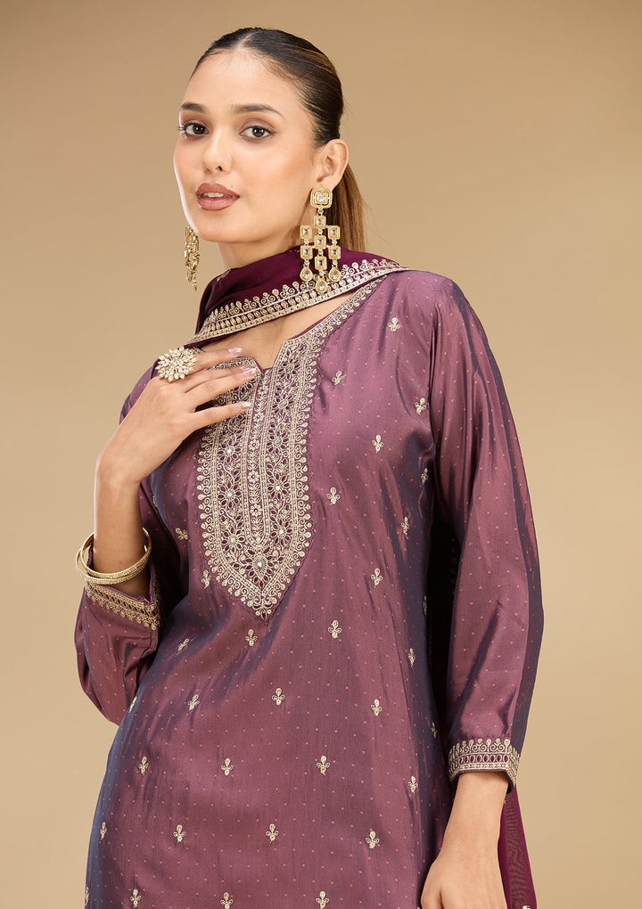 Purple Zariwork (Gold) Soft Raw Silk Readymade Salwar Suit