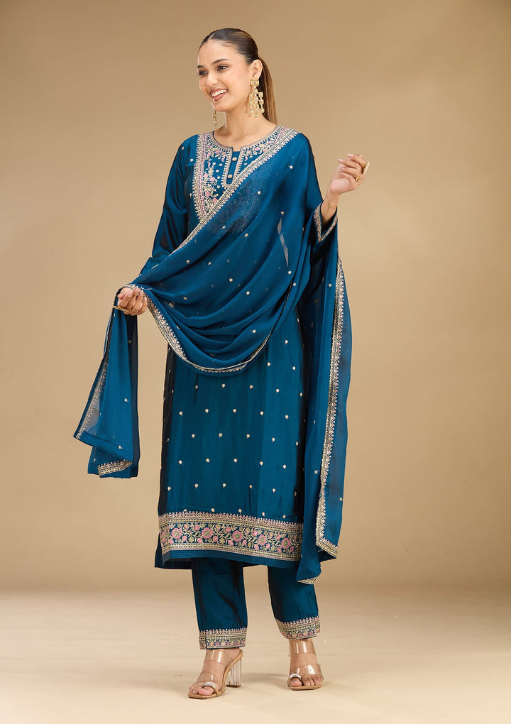 Peacock Blue Threadwork Soft Raw Silk Readymade Salwar Suit