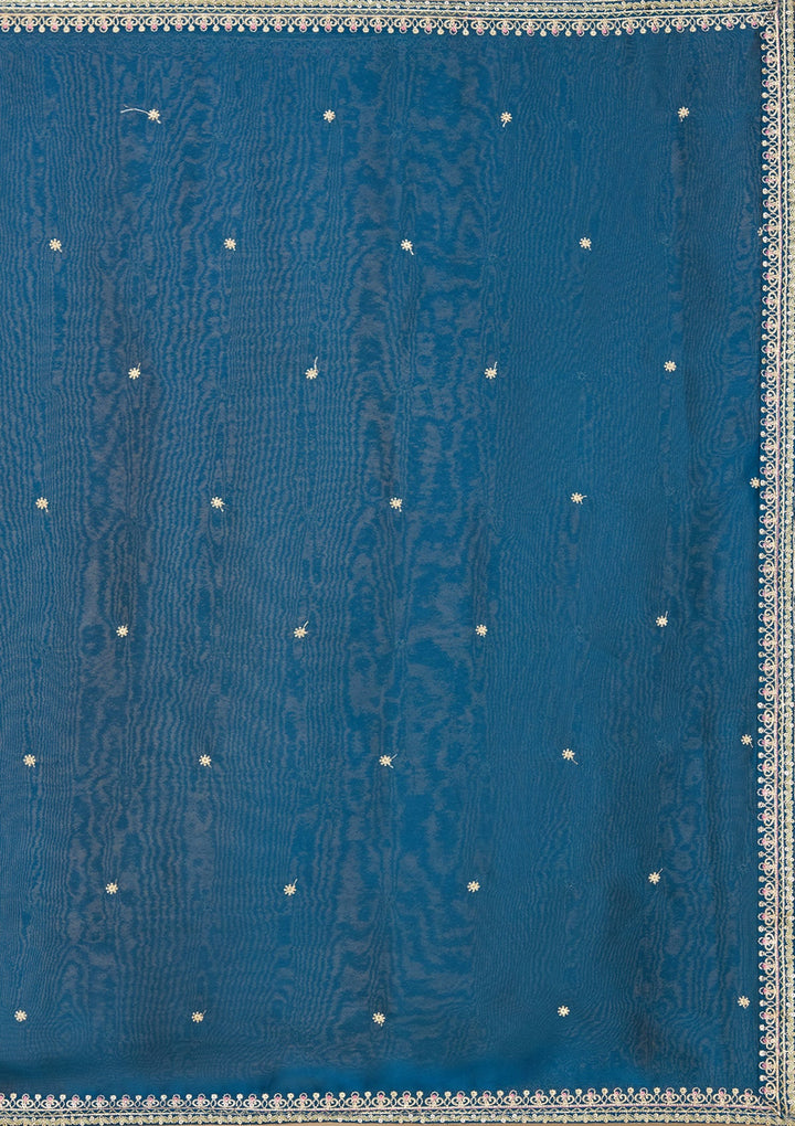 Peacock Blue Threadwork Soft Raw Silk Readymade Salwar Suit