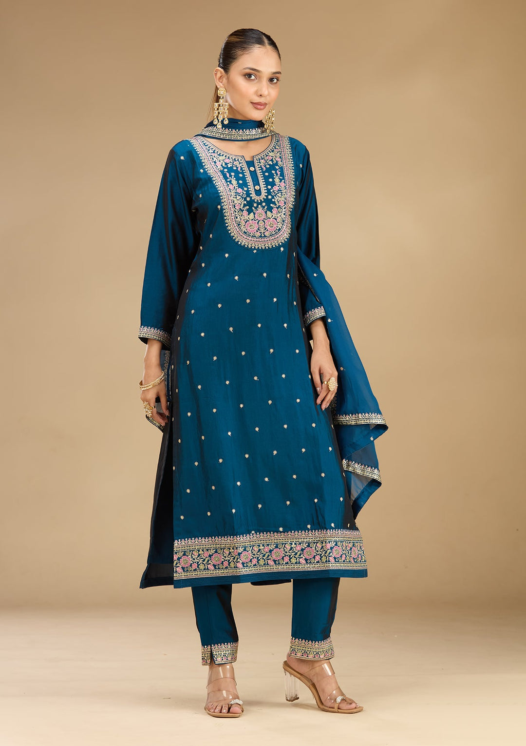 Peacock Blue Threadwork Soft Raw Silk Readymade Salwar Suit