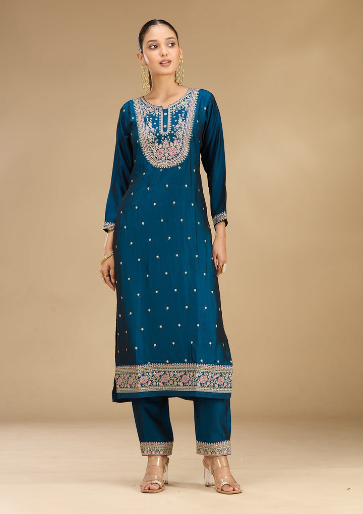 Peacock Blue Threadwork Soft Raw Silk Readymade Salwar Suit