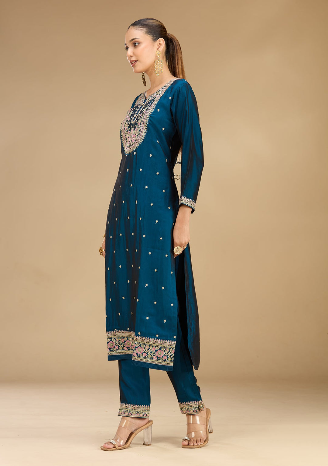 Peacock Blue Threadwork Soft Raw Silk Readymade Salwar Suit