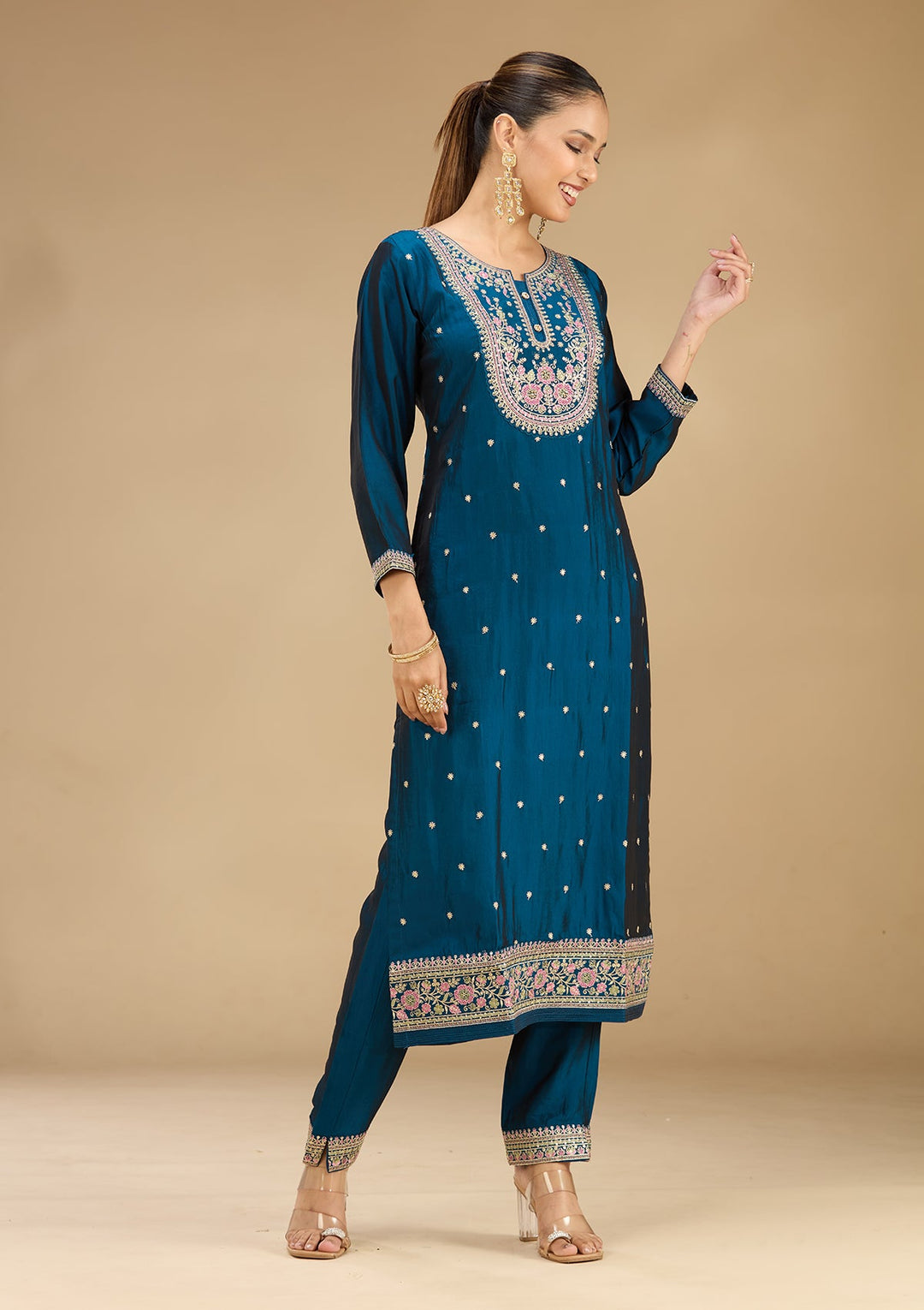 Peacock Blue Threadwork Soft Raw Silk Readymade Salwar Suit
