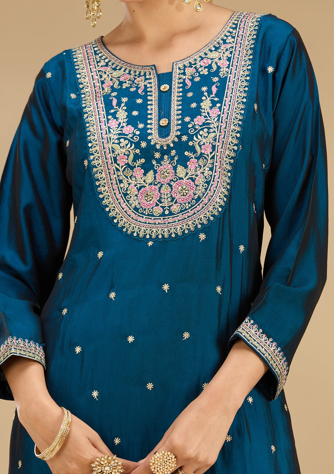 Peacock Blue Threadwork Soft Raw Silk Readymade Salwar Suit