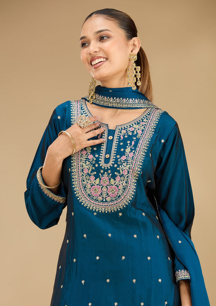 Peacock Blue Threadwork Soft Raw Silk Readymade Salwar Suit
