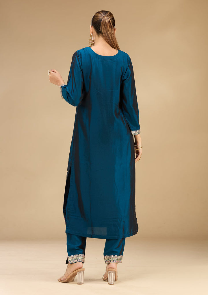 Peacock Blue Threadwork Soft Raw Silk Readymade Salwar Suit