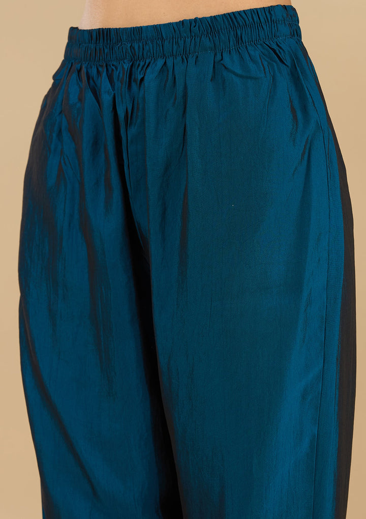 Peacock Blue Threadwork Soft Raw Silk Readymade Salwar Suit