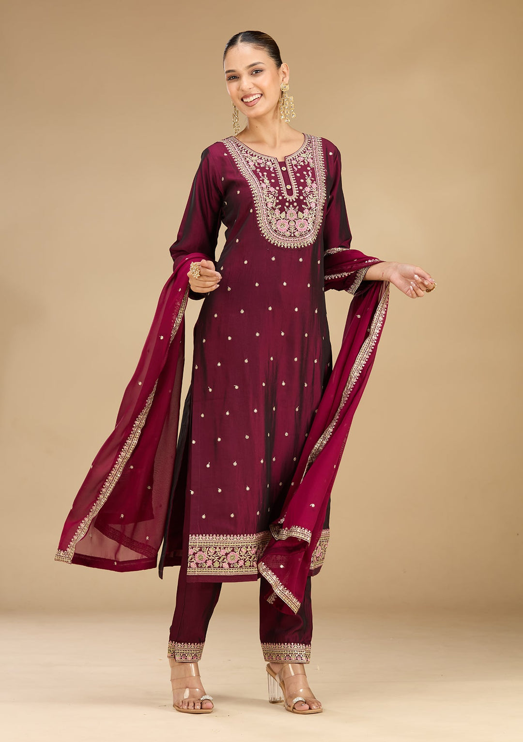 Wine Threadwork Soft Raw Silk Readymade Salwar Suit