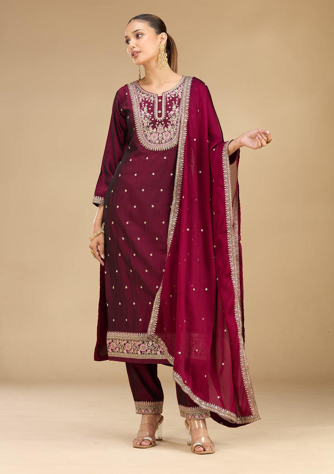 Wine Threadwork Soft Raw Silk Readymade Salwar Suit