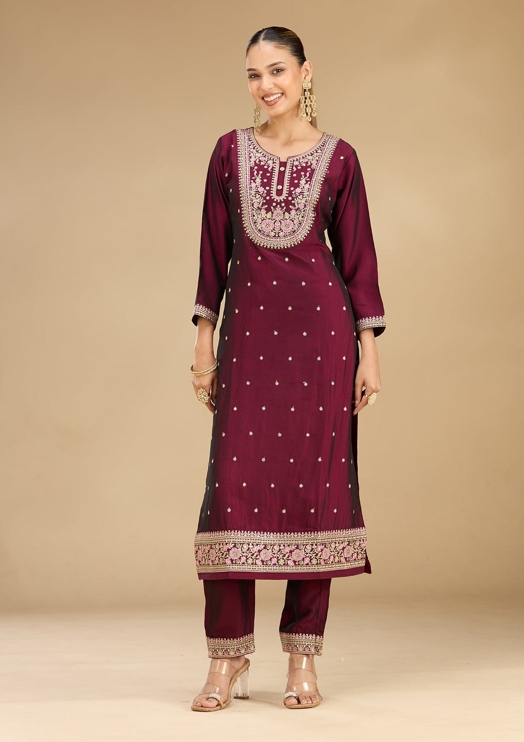 Wine Threadwork Soft Raw Silk Readymade Salwar Suit