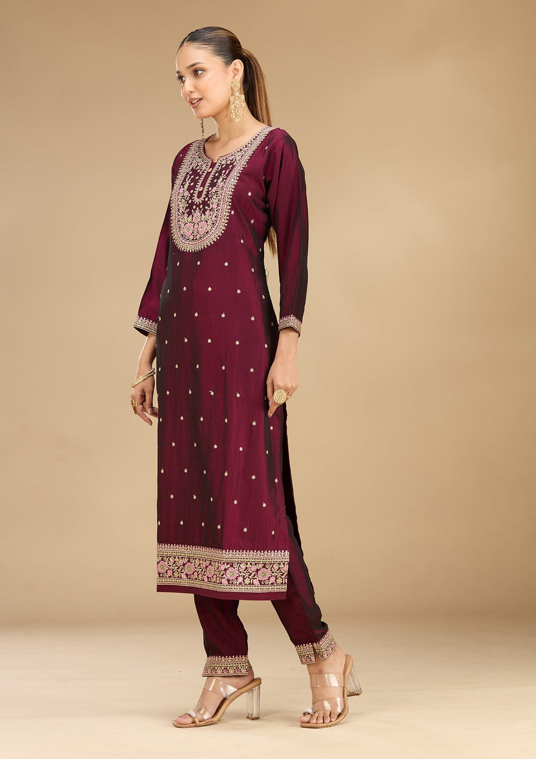 Wine Threadwork Soft Raw Silk Readymade Salwar Suit