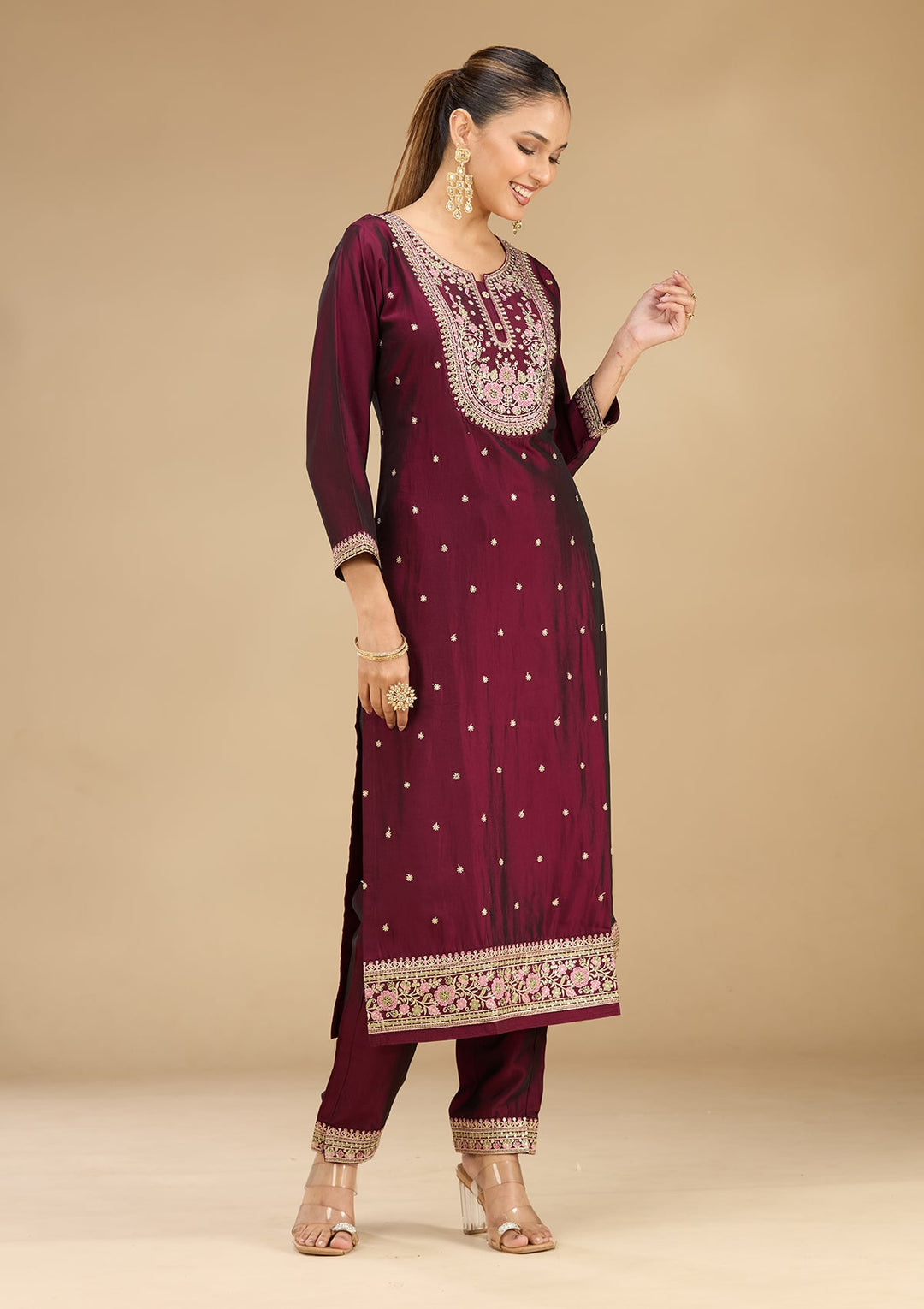 Wine Threadwork Soft Raw Silk Readymade Salwar Suit