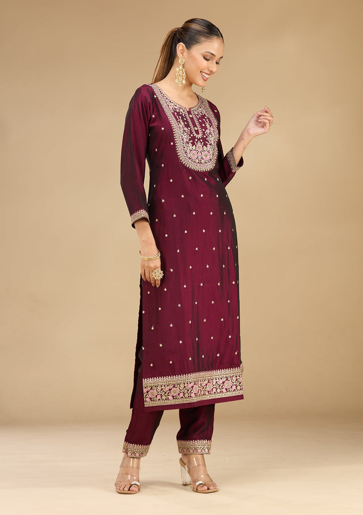 Wine Threadwork Soft Raw Silk Readymade Salwar Suit