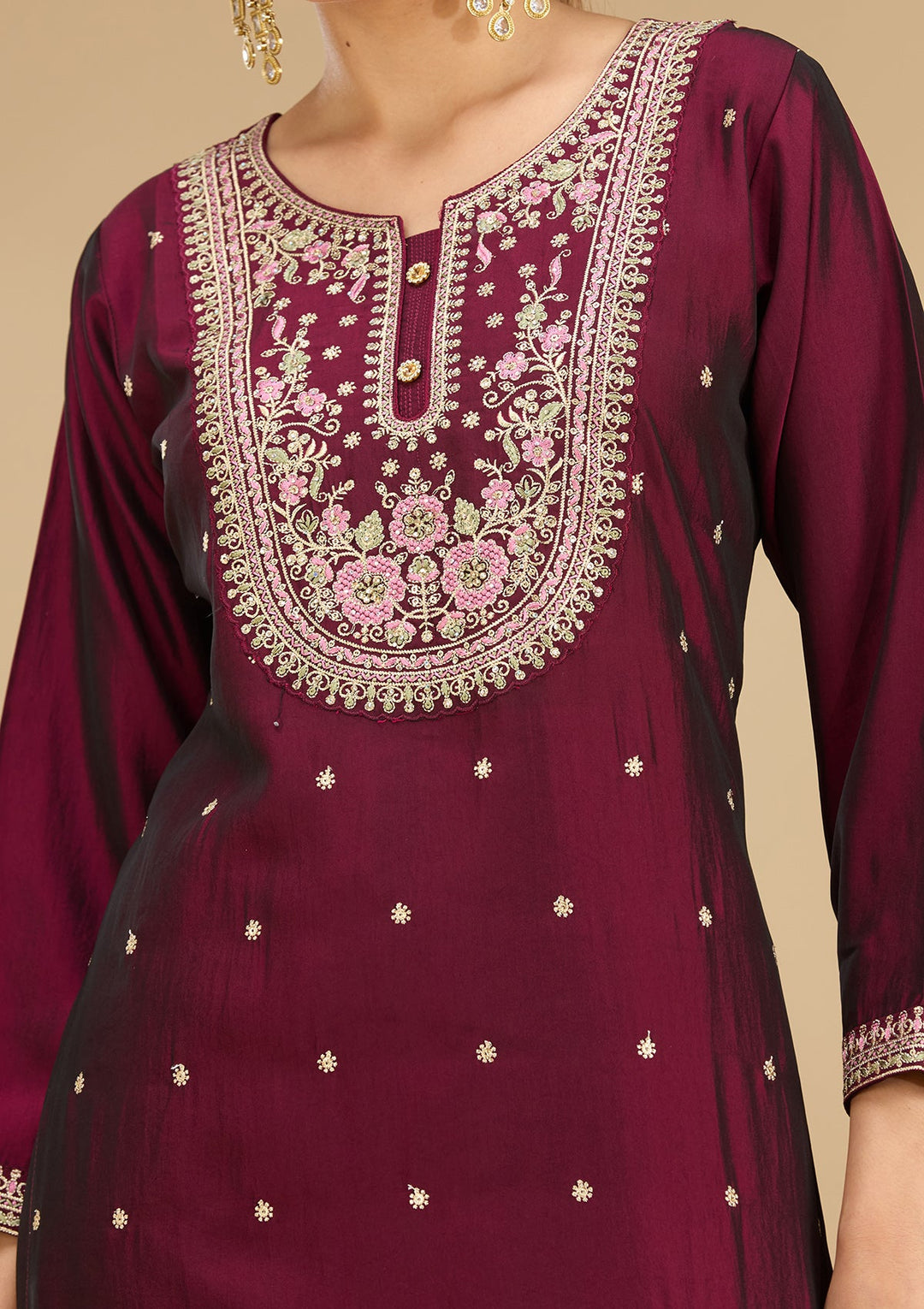 Wine Threadwork Soft Raw Silk Readymade Salwar Suit
