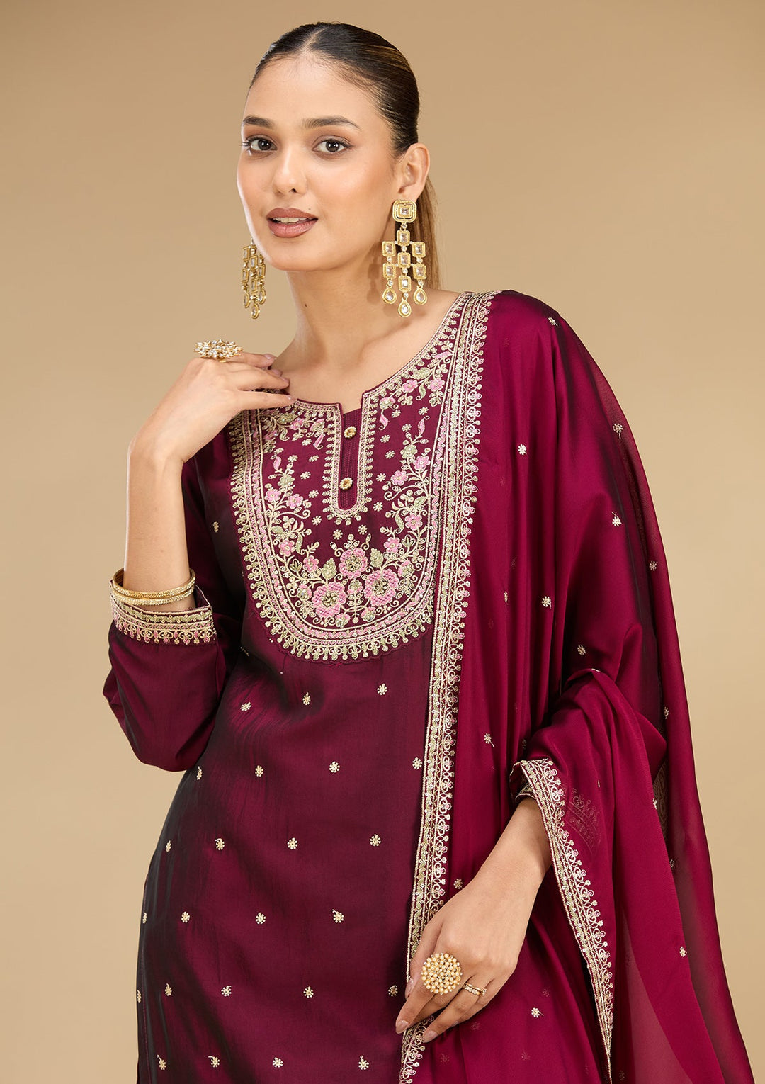 Wine Threadwork Soft Raw Silk Readymade Salwar Suit