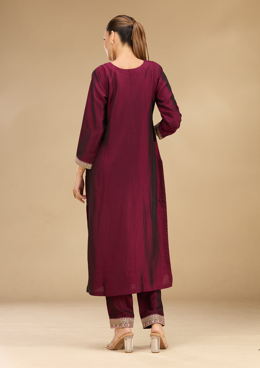 Wine Threadwork Soft Raw Silk Readymade Salwar Suit