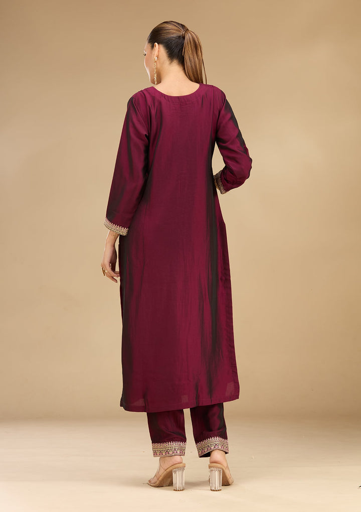 Wine Threadwork Soft Raw Silk Readymade Salwar Suit