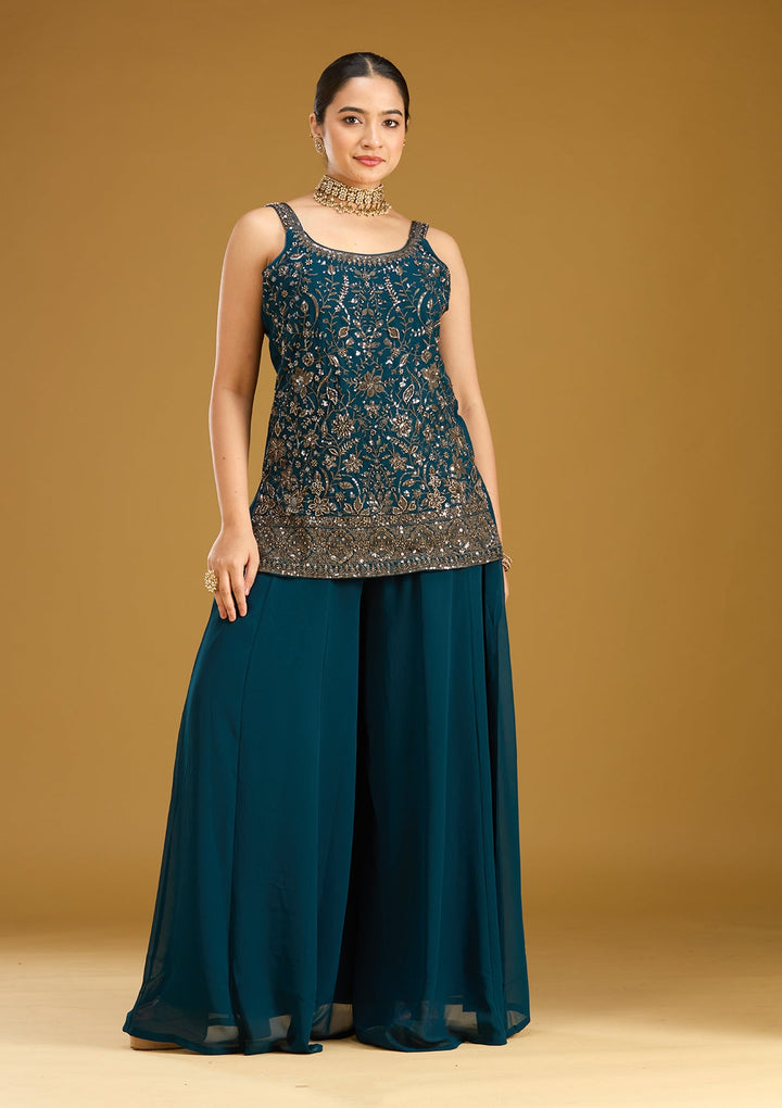 Peacock Blue Cutdana Georgette Readymade Salwar Suit