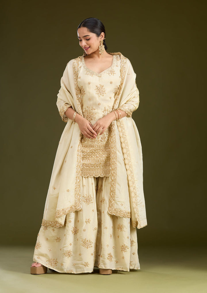 Cream Zariwork (Gold) Tissue Readymade Salwar Suit